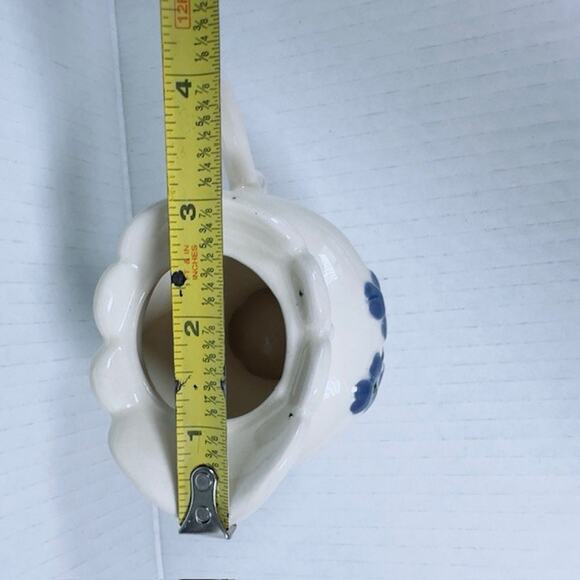 Vintage Folk Art Creamer/ Small Pitcher Ceramic Hand Painted White w/Blue Flower - Picture 10 of 12